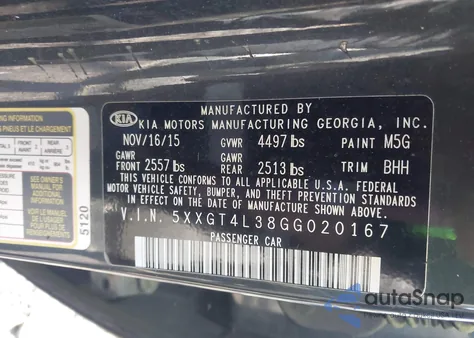 2016 Kia Optima Lx from USA, damaged, VIN 5XXGT4L38GG020167